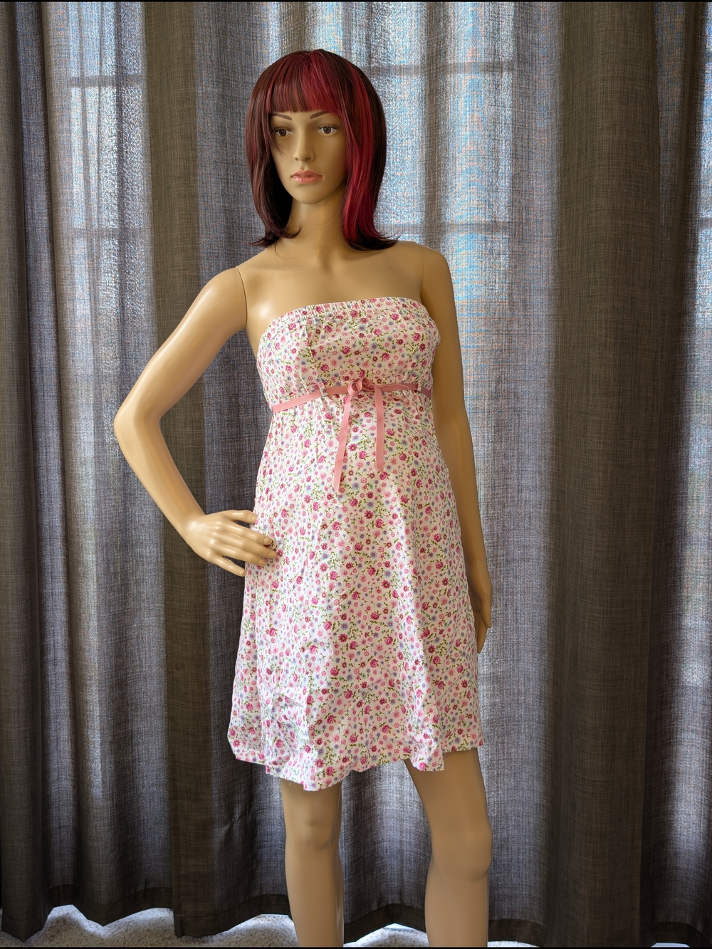 Floral Maternity Strapless Summer Dress in White with Pink Roses